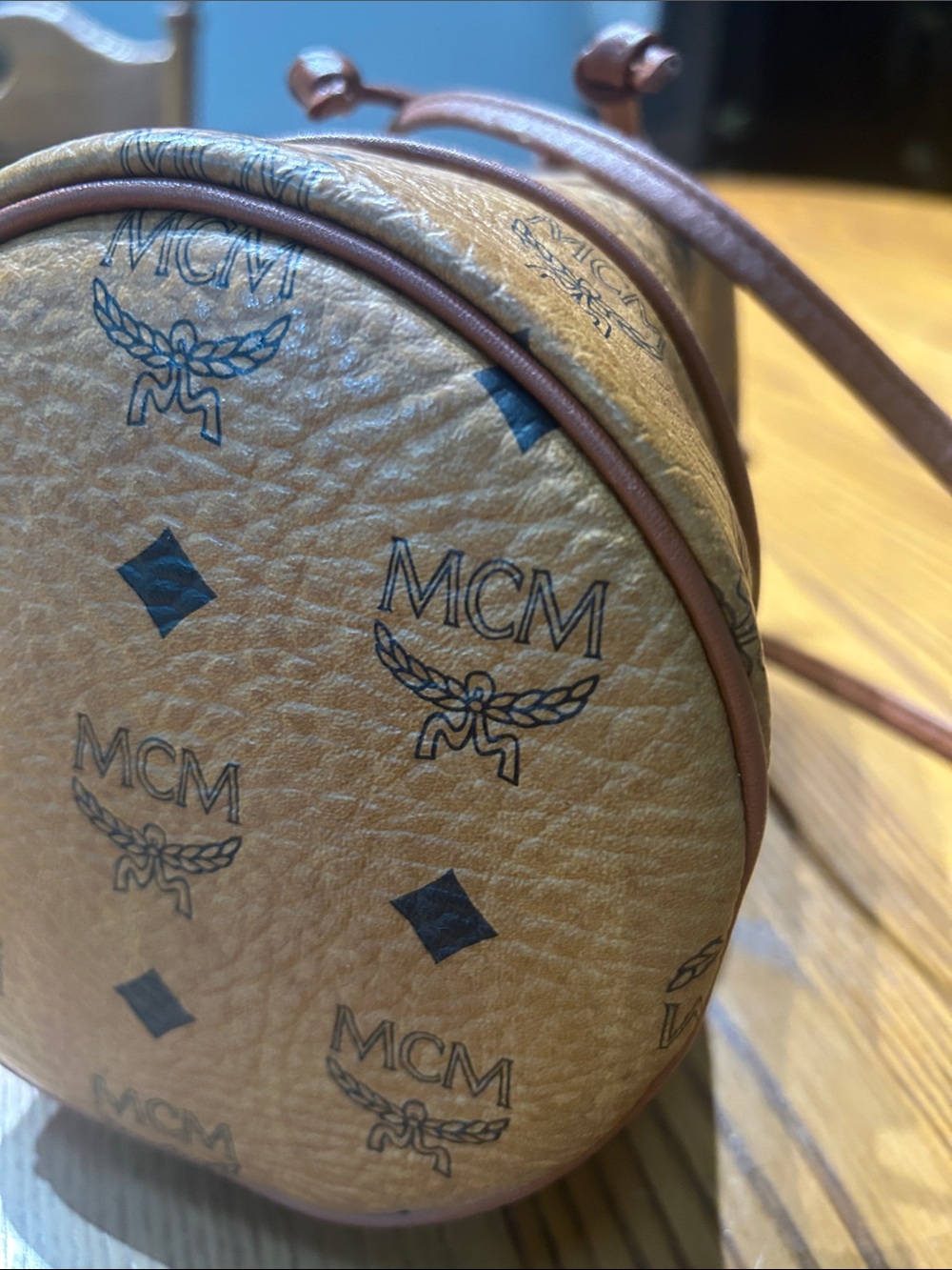 MCM Cognac Brown Monogram Leather Drawstring Mini Bucket Bag - Picture 7 of 11